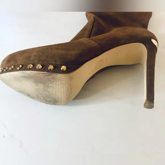 MICHAEL KORS Knee High Stiletto Heel Brown Suede Zip Up Tall Boots