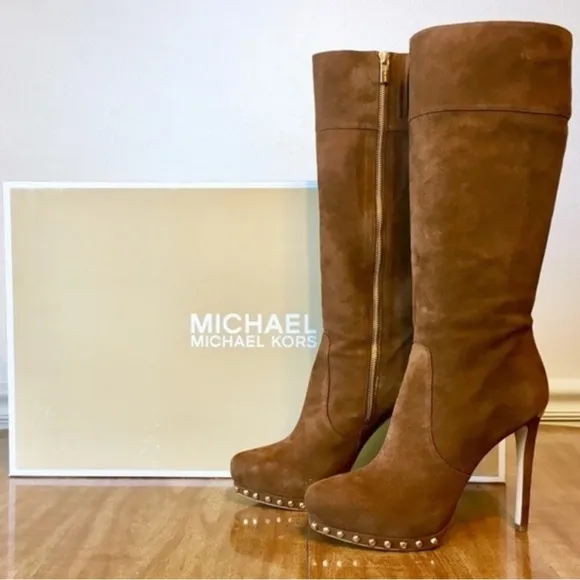 MICHAEL KORS Knee High Stiletto Heel Brown Suede Zip Up Tall Boots