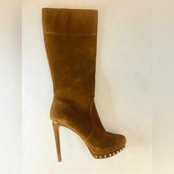MICHAEL KORS Knee High Stiletto Heel Brown Suede Zip Up Tall Boots