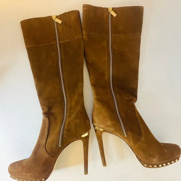 MICHAEL KORS Knee High Stiletto Heel Brown Suede Zip Up Tall Boots
