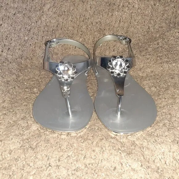 MICHAEL KORS-Miley-Silver Jelly Sandals-Large Crystal Charm-Sz 10-NWOB