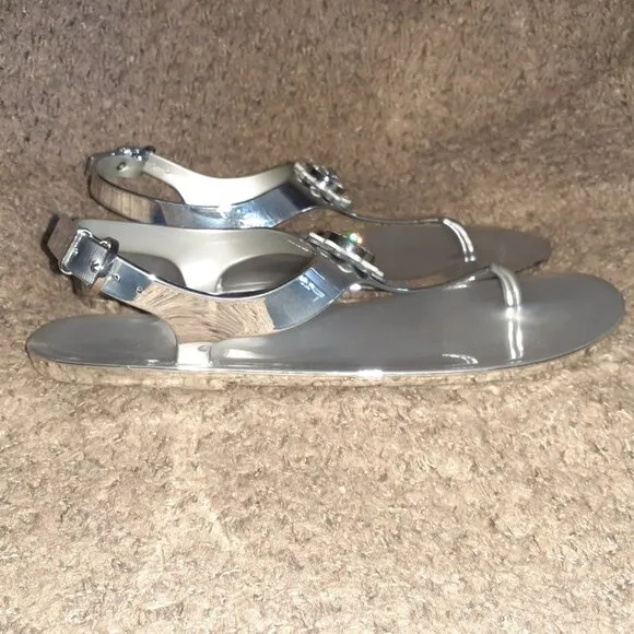 MICHAEL KORS-Miley-Silver Jelly Sandals-Large Crystal Charm-Sz 10-NWOB