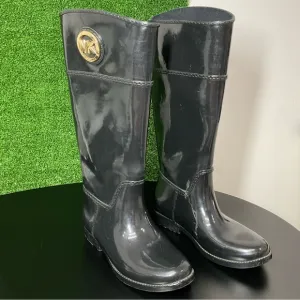 Michael Kors Stockard Glossy Black Rain Boots Gold MK Logo