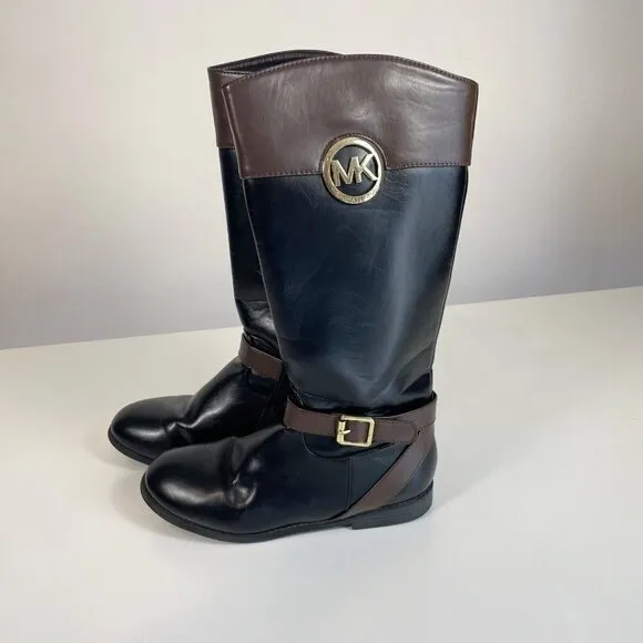 Michael Kors Womens Emma Blaire Tall Riding Boots Black Brown 5 Leather Logo