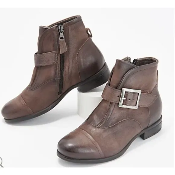 Miz Mooz Brown Espresso Leather Buckled Ankle Boots Siggy Size 36 US 5.5-6 New