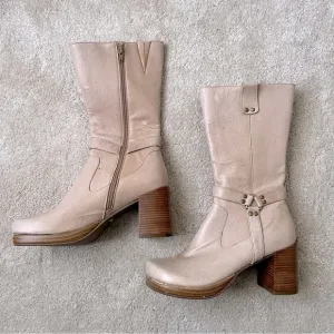 Miz Mooz Leather Heeled Go-Go Tall Riding Boots-Women’s 8.5-Cream/Brown-Zipper
