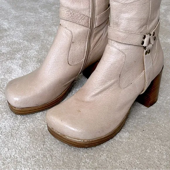 Miz Mooz Leather Heeled Go-Go Tall Riding Boots-Women’s 8.5-Cream/Brown-Zipper