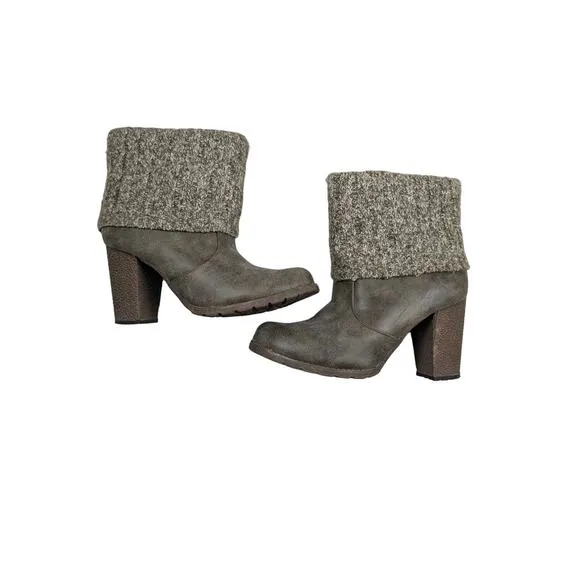 Muk Luks Boots Women's Sweater Cuff Top Brown Heel Shoe Size 9 Fall Cozy Casual