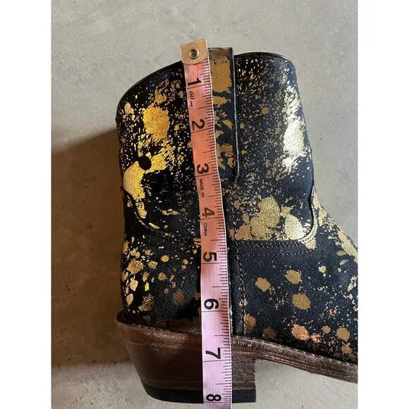 New Ankle Boots Western CoFi Leather,  Gold Print Black Suede,