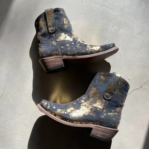New Ankle Boots Western CoFi Leather,  Gold Print Black Suede,