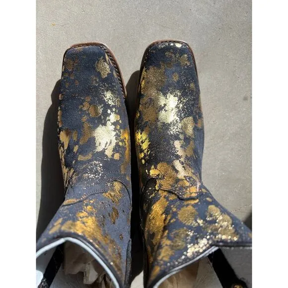 New Ankle Boots Western CoFi Leather,  Gold Print Black Suede,