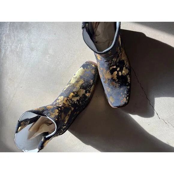 New Ankle Boots Western CoFi Leather,  Gold Print Black Suede,
