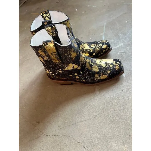 New Ankle Boots Western CoFi Leather,  Gold Print Black Suede,