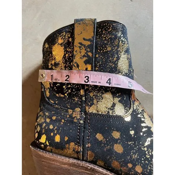 New Ankle Boots Western CoFi Leather,  Gold Print Black Suede,