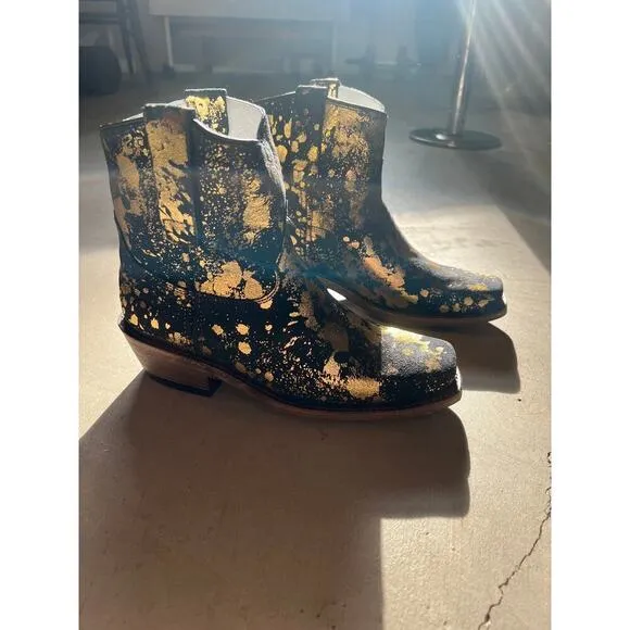 New Ankle Boots Western CoFi Leather,  Gold Print Black Suede,