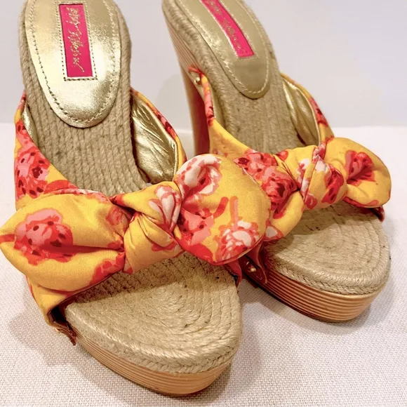 NEW Betsey Johnson Floral Platform Bow Slip On High Heel Pink Yellow Mules sz 7