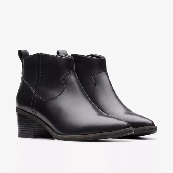 New Clarks Women's Morzine Sky Black Leather Ankle Boots Size 10