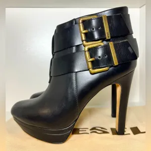 NEW DIESEL MELROSE SYDNAY BLACK LEATHER Brass Buckle Ankle Booties EUR 38