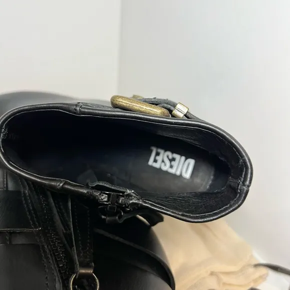 NEW DIESEL MELROSE SYDNAY BLACK LEATHER Brass Buckle Ankle Booties EUR 38