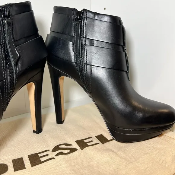 NEW DIESEL MELROSE SYDNAY BLACK LEATHER Brass Buckle Ankle Booties EUR 38