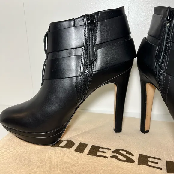NEW DIESEL MELROSE SYDNAY BLACK LEATHER Brass Buckle Ankle Booties EUR 38
