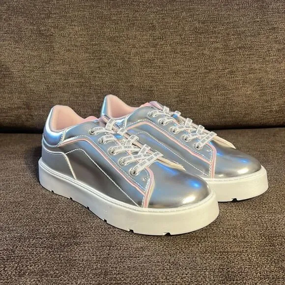 New DKNY Big Girls Brooke Glitter Lace Up Platform Sneaker Size 1 in Silver