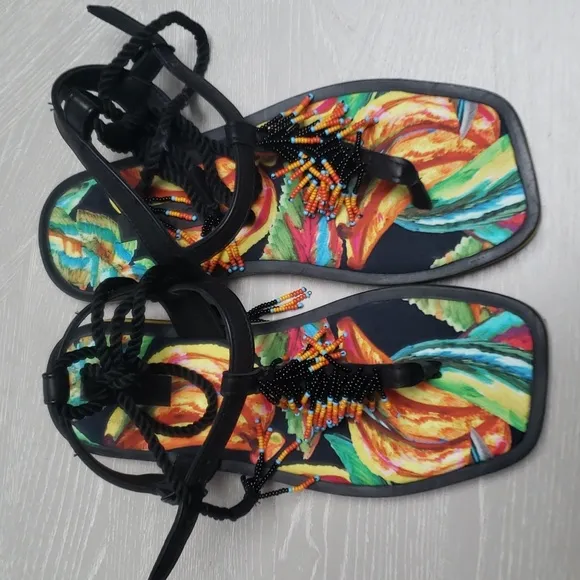 New Farm Rio Black Banana Beaded Strappy Flat Sandals Shoes Multicolor sandals,
