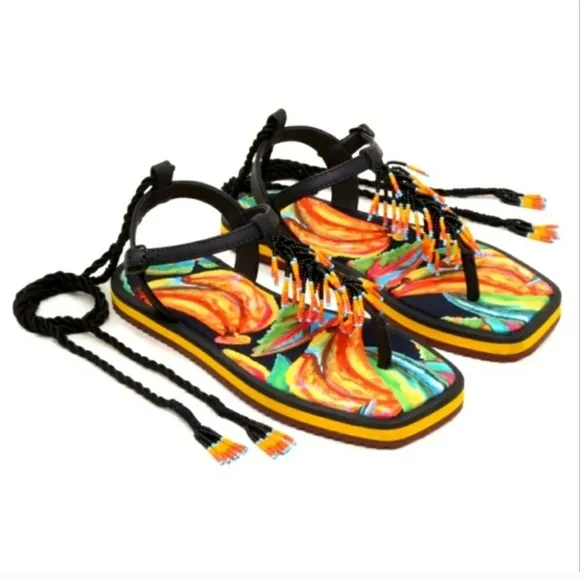 New Farm Rio Black Banana Beaded Strappy Flat Sandals Shoes Multicolor sandals,