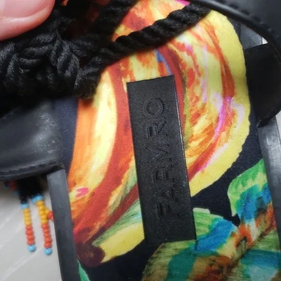 New Farm Rio Black Banana Beaded Strappy Flat Sandals Shoes Multicolor sandals,
