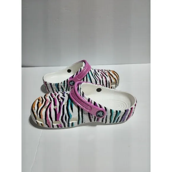 New Kids Crocs Classic Animal Print Clogs Glitter Sandals Multi/white US size J1
