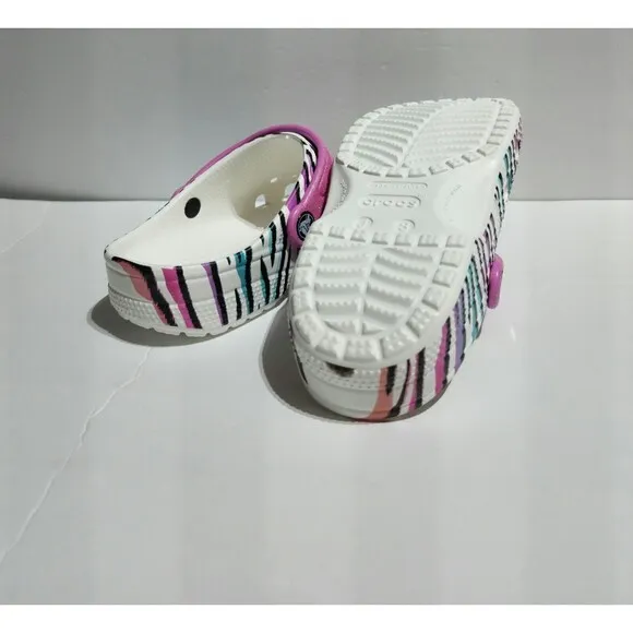 New Kids Crocs Classic Animal Print Clogs Glitter Sandals Multi/white US size J1