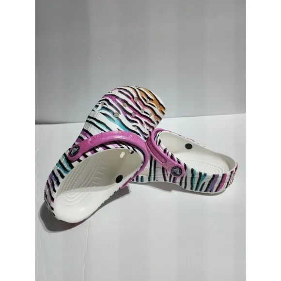 New Kids Crocs Classic Animal Print Clogs Glitter Sandals Multi/white US size J1