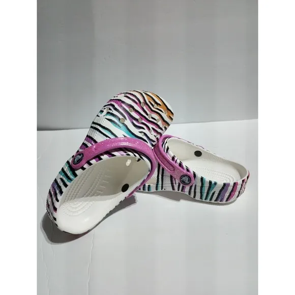 New Kids Crocs Classic Animal Print Clogs Glitter Sandals Multi/white US size J6
