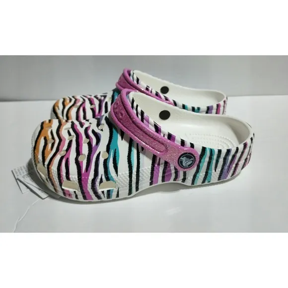New Kids Crocs Classic Animal Print Clogs Glitter Sandals Multi/white US size J6