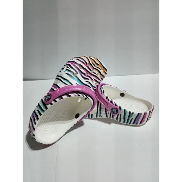 New Kids Crocs Classic Animal Print Clogs Glitter Sandals Multi/white US size J6