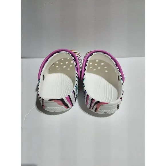 New Kids Crocs Classic Animal Print Clogs Glitter Sandals Multi/white US size J6