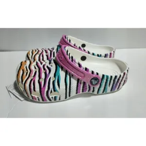 New Kids Crocs Classic Animal Print Clogs Glitter Sandals Multi/white US size J6
