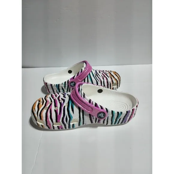 New Kids Crocs Classic Animal Print Clogs Glitter Sandals Multi/white US size J6