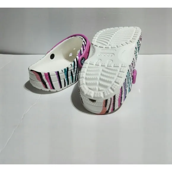 New Kids Crocs Classic Animal Print Clogs Glitter Sandals Multi/white US size J6
