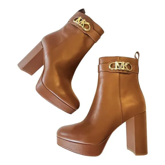 NEW Michael Kors Parker LEATHER PLATFORM BOOT Women's 9.5 Luggage Brown Bootie