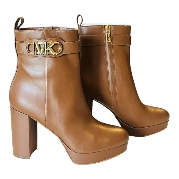 NEW Michael Kors Parker LEATHER PLATFORM BOOT Women's 9.5 Luggage Brown Bootie