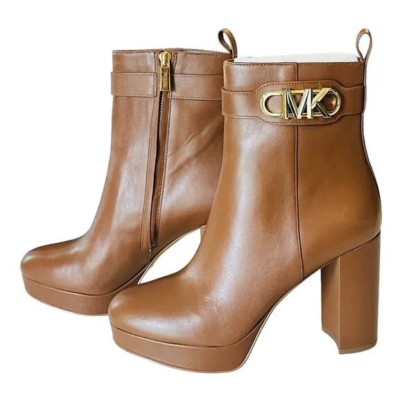 NEW Michael Kors Parker LEATHER PLATFORM BOOT Women's 9.5 Luggage Brown Bootie