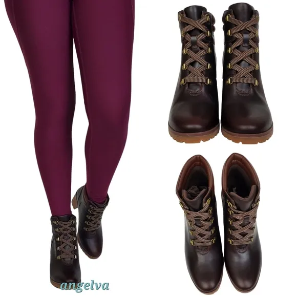New Timberland allington 5 in leather block heel boots brown lace up casual