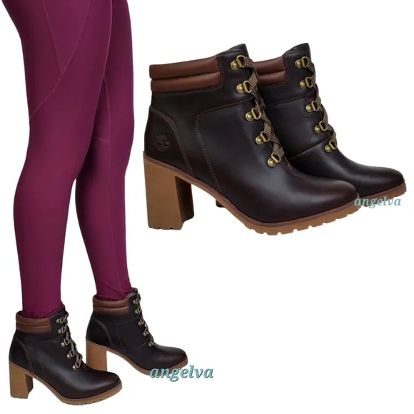 New Timberland allington 5 in leather block heel boots brown lace up casual