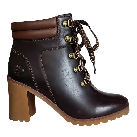 New Timberland allington 5 in leather block heel boots brown lace up casual