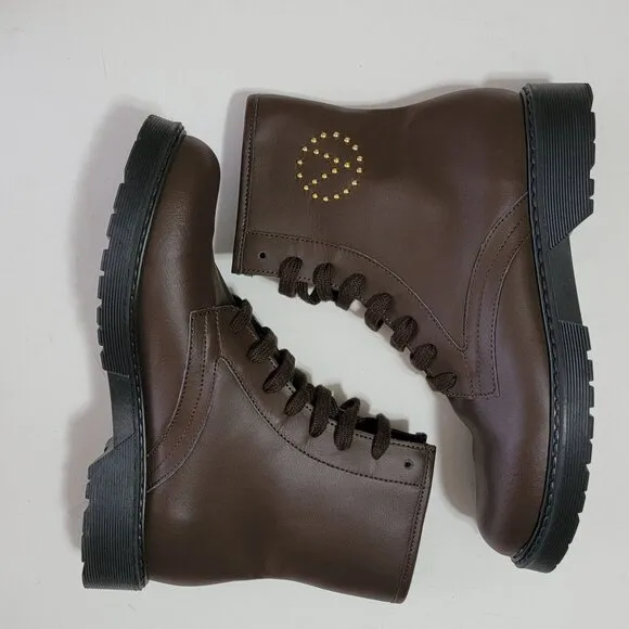 NEW Valentino by Mario Valentino Brown Marti Leather Combat Boots Womens10 Brown