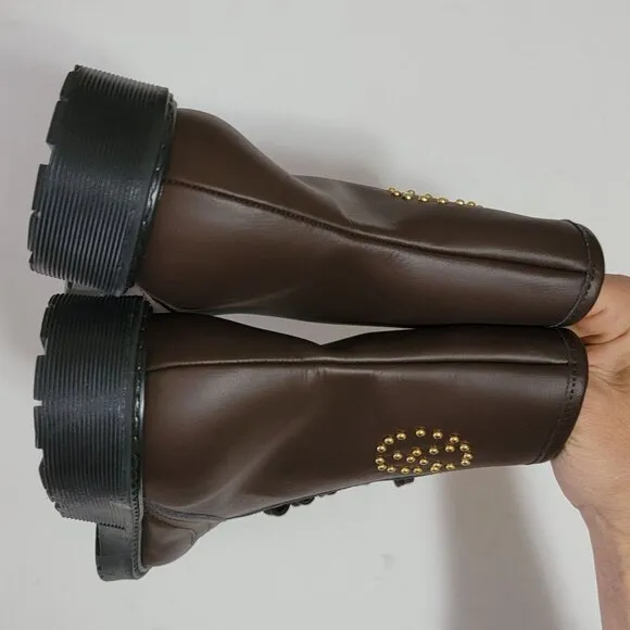 NEW Valentino by Mario Valentino Brown Marti Leather Combat Boots Womens10 Brown