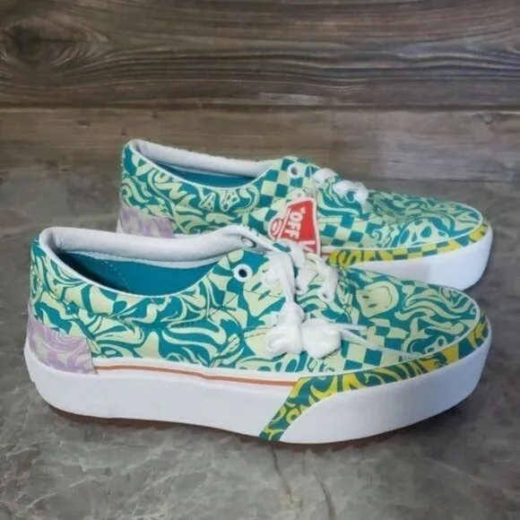 New Vans Era Stacked Wavy Daze Tile Blue Green Platform Shoes Festival