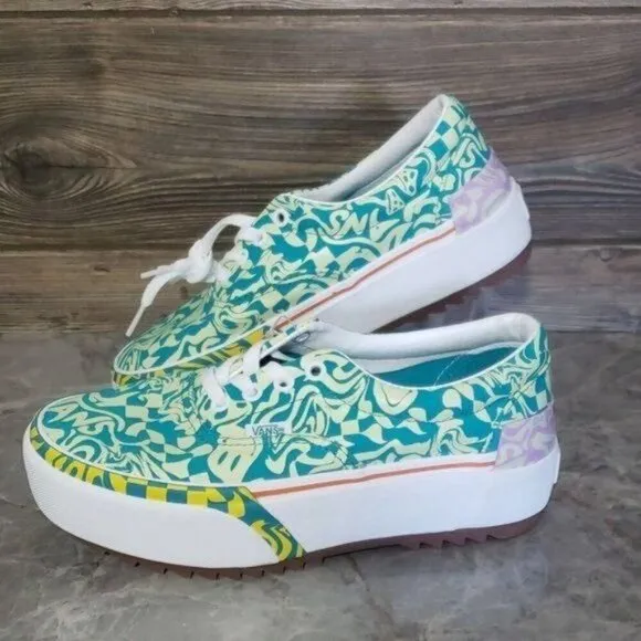 New Vans Era Stacked Wavy Daze Tile Blue Green Platform Shoes Festival