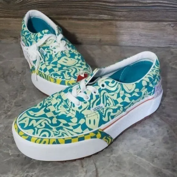 New Vans Era Stacked Wavy Daze Tile Blue Green Platform Shoes Festival